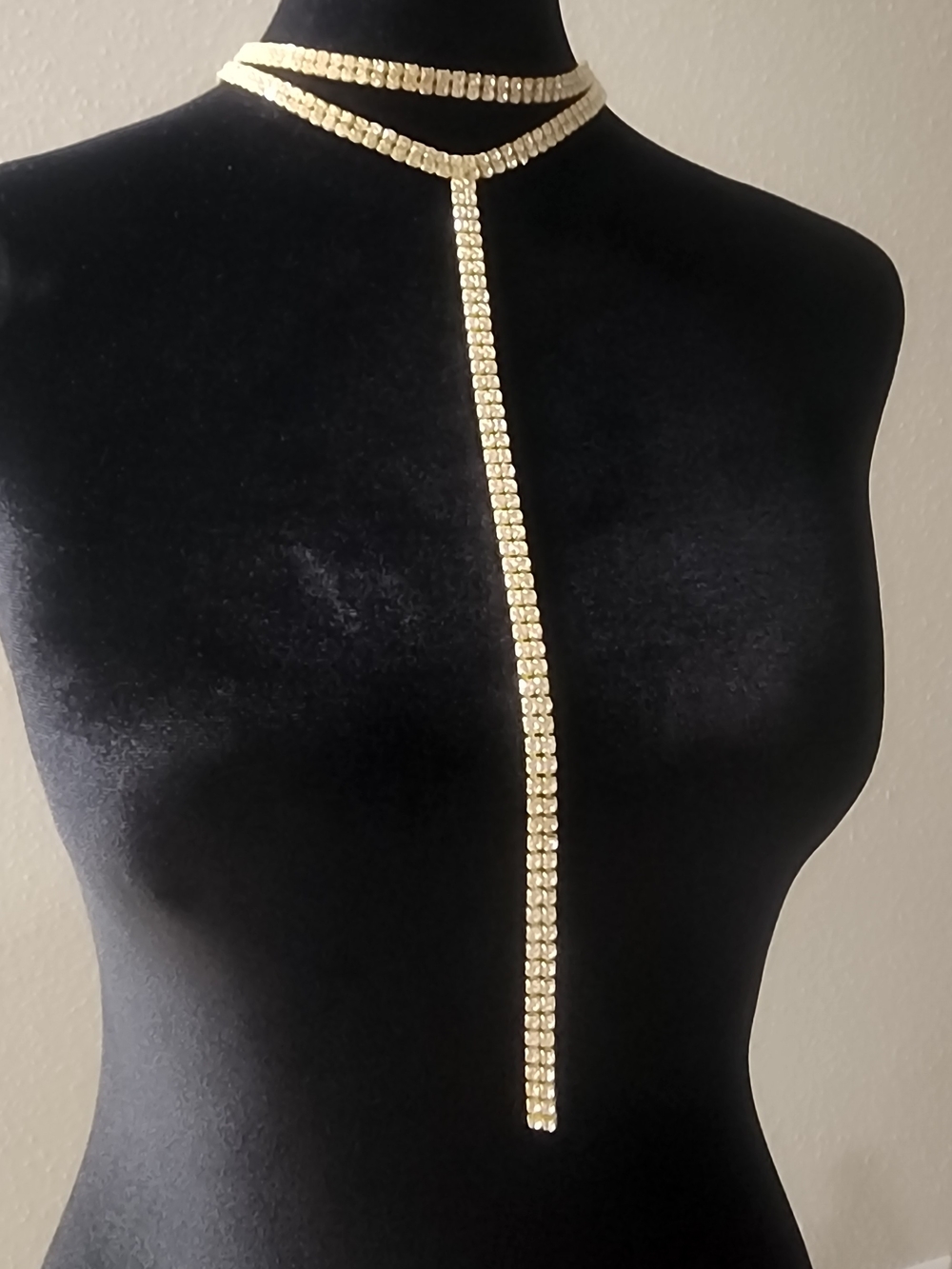 Gold Crystal Lariat Necklace - Double Choker Drop